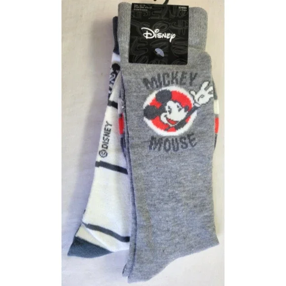 Disney Mickey Mouse Men's Crew Socks 2 Pack Large 10-13 Gray Red White Stretch - Picture 3 of 5